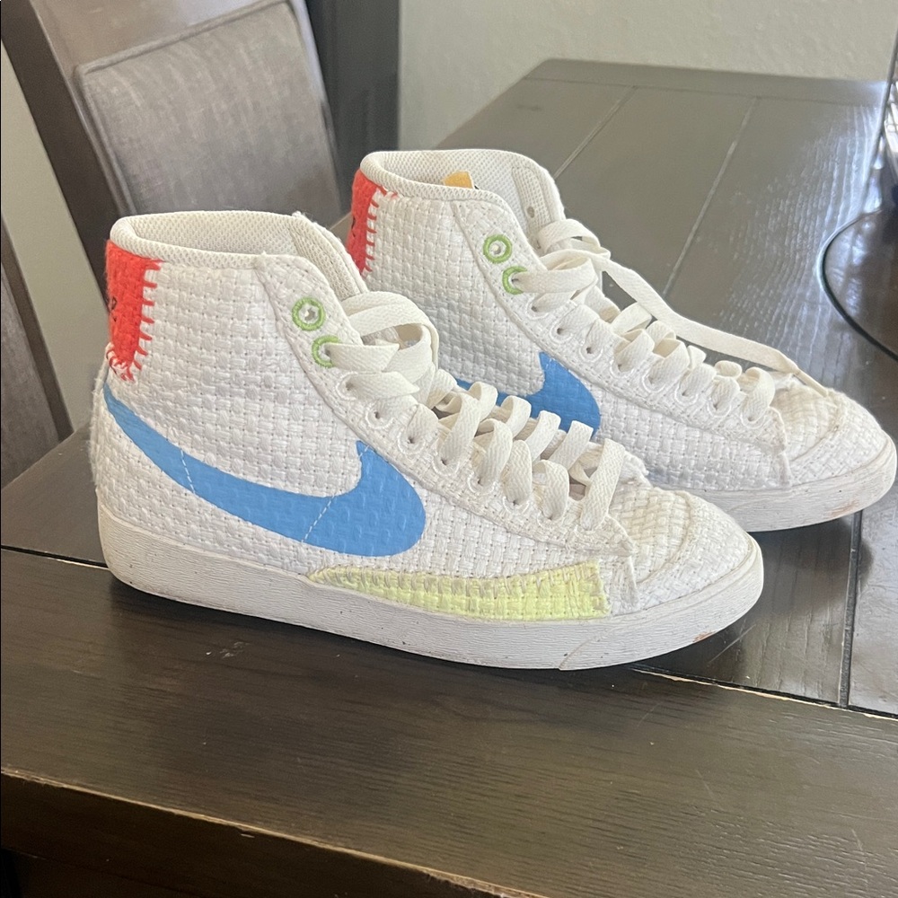 Nike Kids High-Top Sneakers in White with Blue Swoosh and Neon Accents